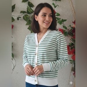 Green and White Striped V-Neck Button Cardigan